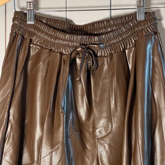 Olivaceous Faux Leather Pull On Elastic Waist Wide Leg Brown Pants‎ Size S - Picture 3 of 6